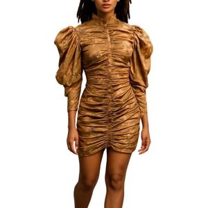 A Peuch Ruched Puff Sleeve Mock Neck Floral Print Mini Dress‎ Brown M